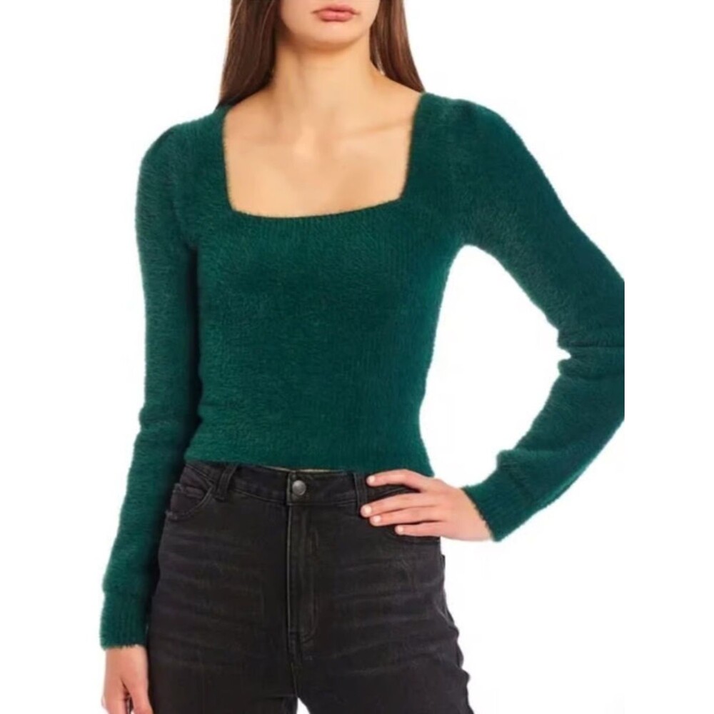 NWT Gianni Bini Fuzzy Square-Neck Sweater Women's Size Small Forrest Green